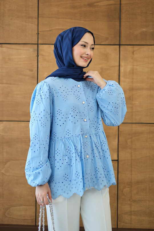 Eteği Volanlı Gömlek Mavi