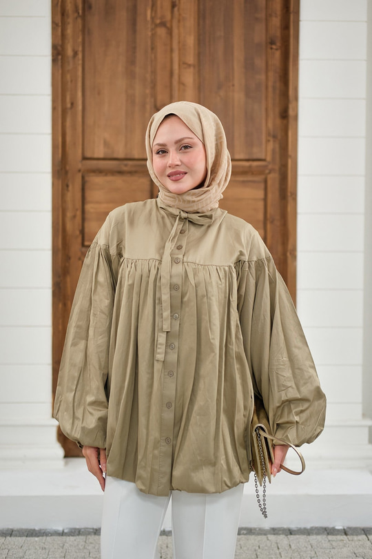 Etek Ucu Büzgülü Gömlek Küf Yeşil