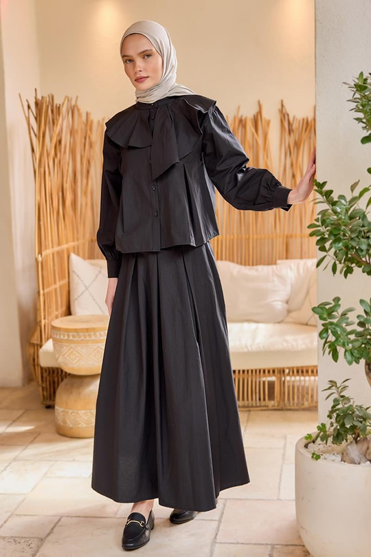 Etekli Poplin Takım Siyah