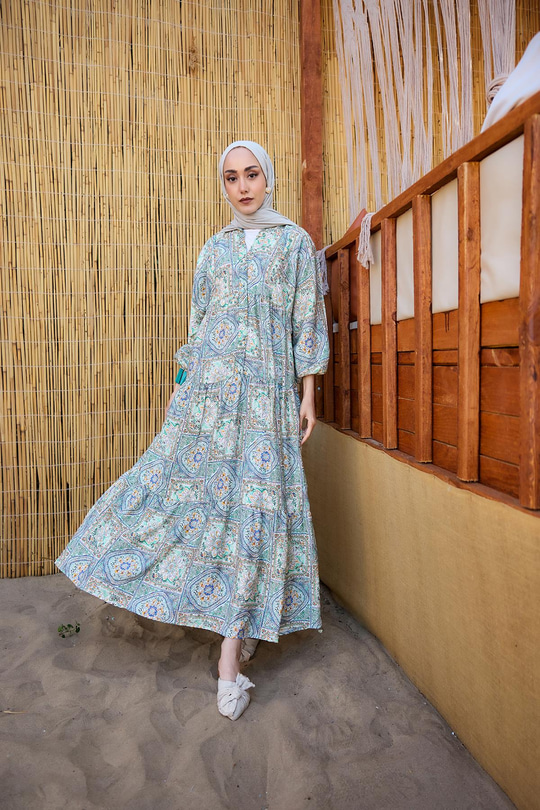 Etnik Çicek Desenli Elbise Yeşil