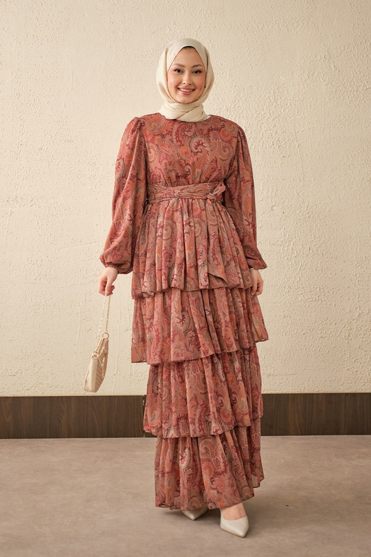 Etnik Desen Arkadan Bağlamalı Elbise Bordo