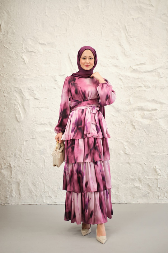 Etnik Desen Arkadan Bağlamalı Elbise Mor