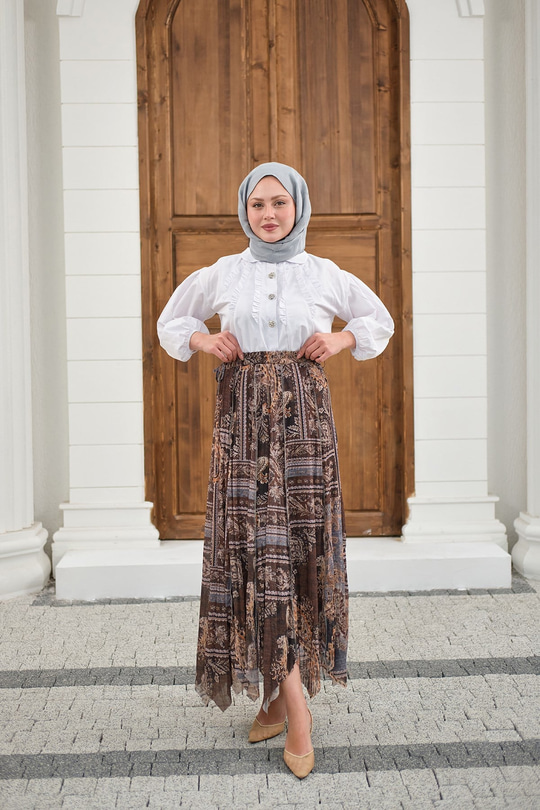 Etnik Desen Asimetrik Kesim Şifon Etek Gri