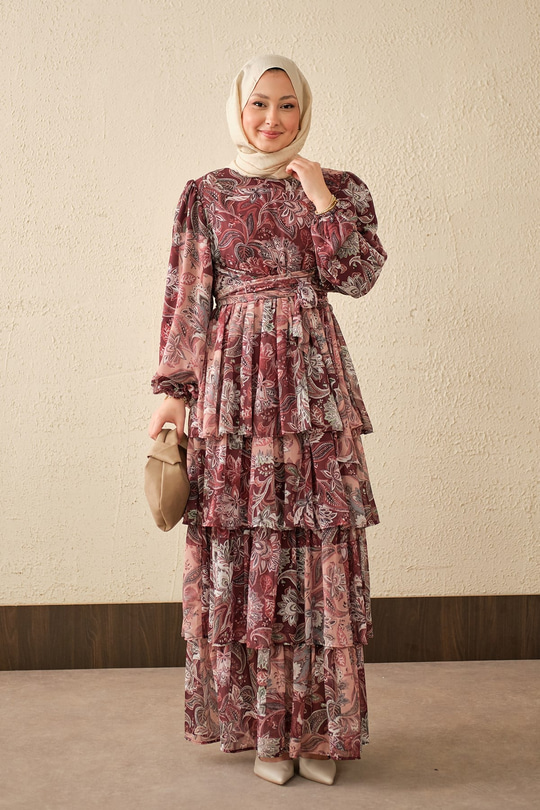 Etnik Desen Bel Bağlamalı Elbise Bordo