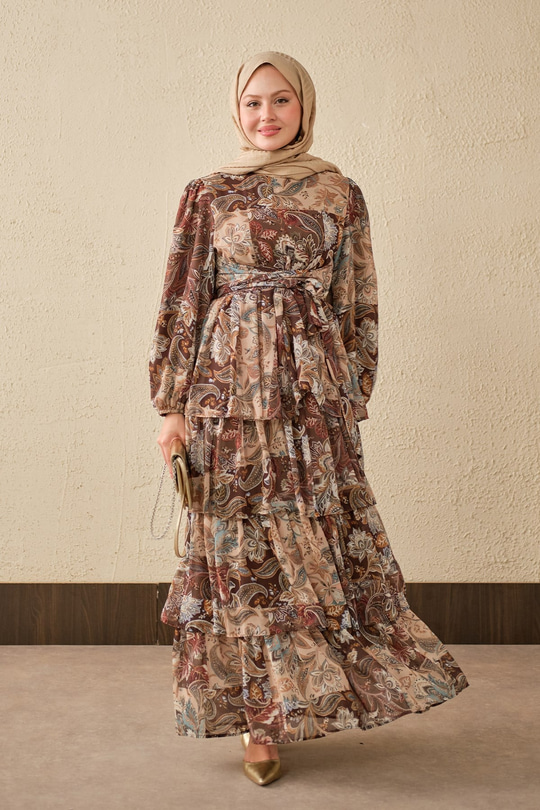 Etnik Desen Bel Bağlamalı Elbise Kahverengi