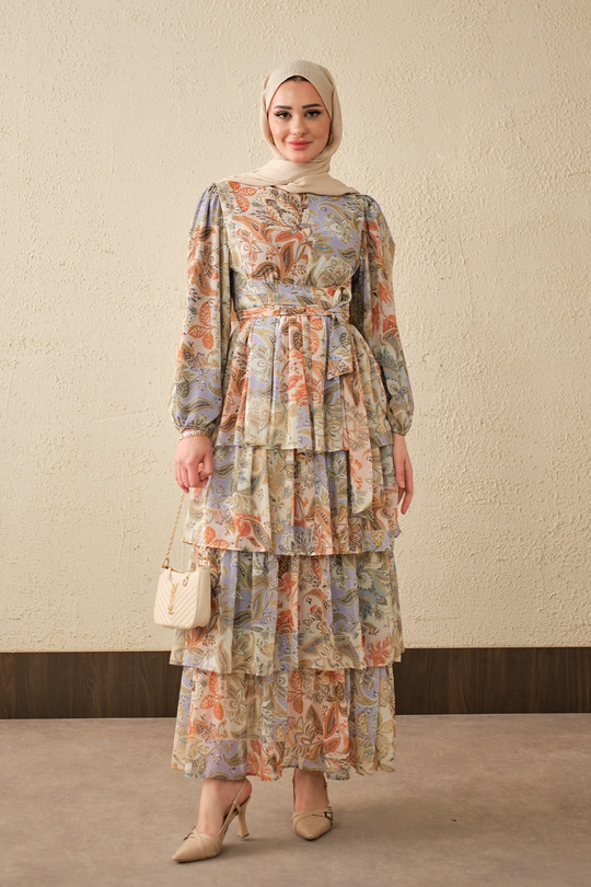 Etnik Desen Bel Bağlamalı Elbise Lila