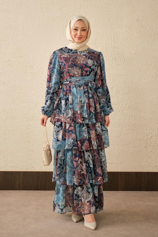 Etnik Desen Bel Bağlamalı Elbise Mavi
