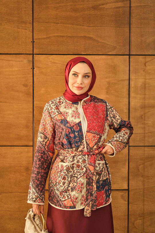 Etnik Desen Bel Bağlamalı Kimono Mavi