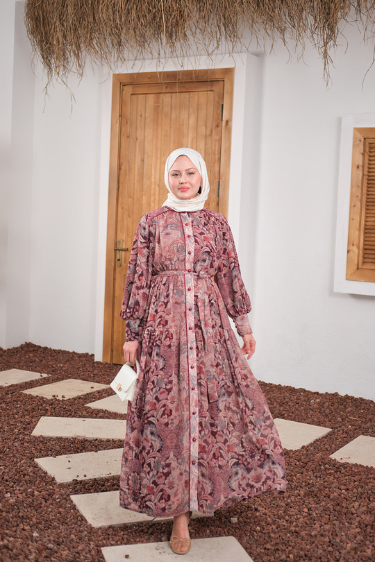 Etnik Desen Büzgülü Kemer Detay Şifon Elbise Mürdüm