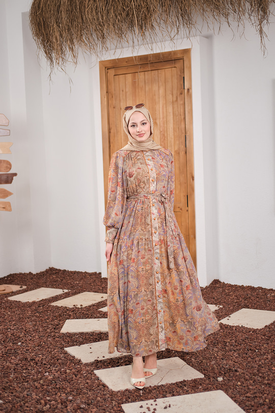 Etnik Desen Büzgülü Kemer Detay Şifon Elbise Yeşil