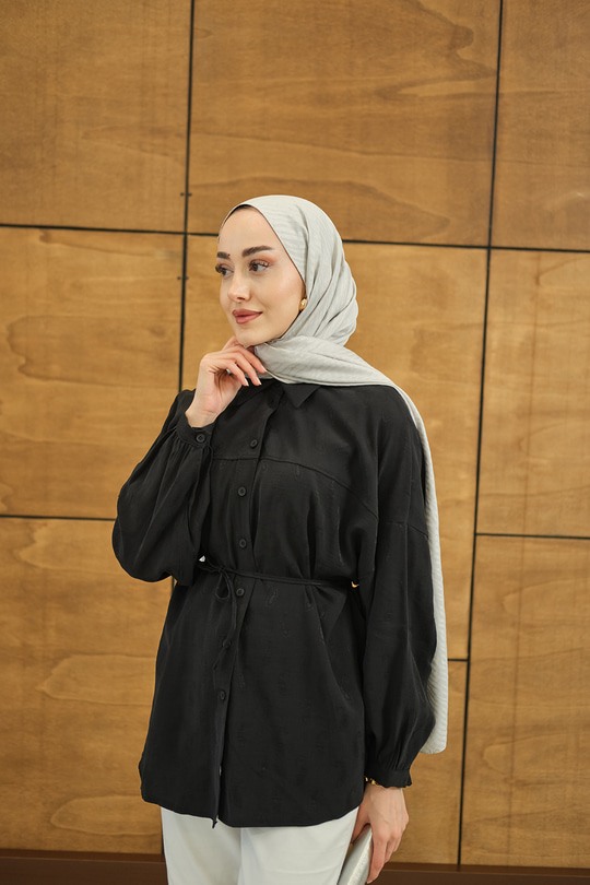 Etnik Desen Jakar Gömlek Siyah