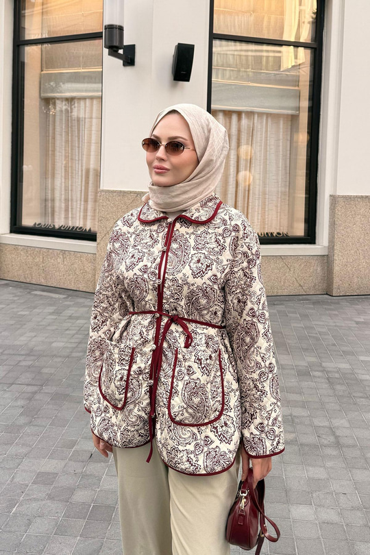 Etnik Desen Kapitone Ceket Bordo