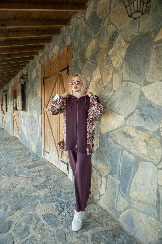 Etnik Desen Kapüşonlu İkili Takım Mürdüm