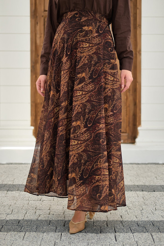 Etnik Desen Şifon Etek Kahverengi