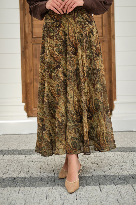 Etnik Desen Şifon Etek Yeşil