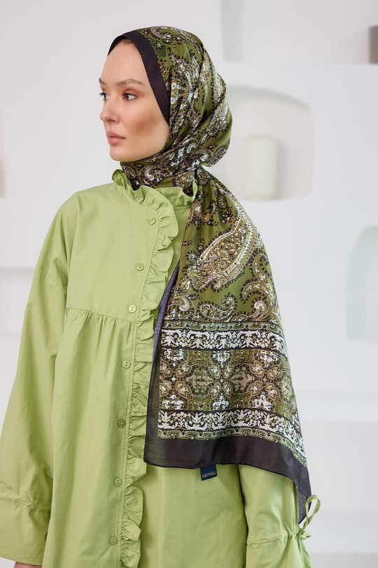 Etnik Desen Soft Şal Haki Yeşil