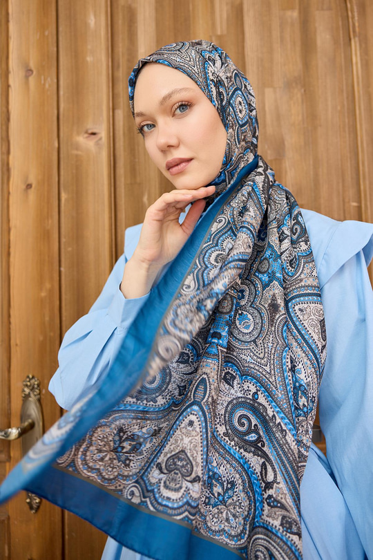 Etnik Desen Soft Şal Saks Mavi