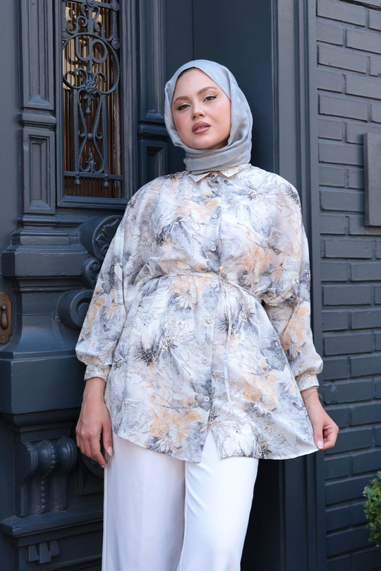 Etnik Desenli Gömlek Gri