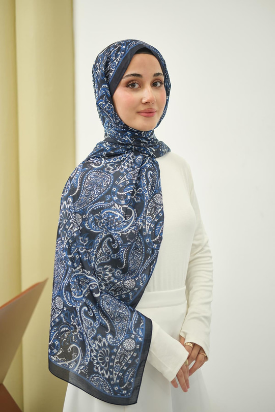 Etnik Yaprak Desen Şal Lacivert