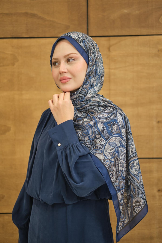 Etnik Yaprak Desen Şal Saks Mavi