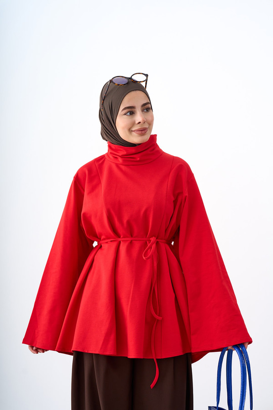 Dik Yaka Biye Detay Tunik Kırmızı