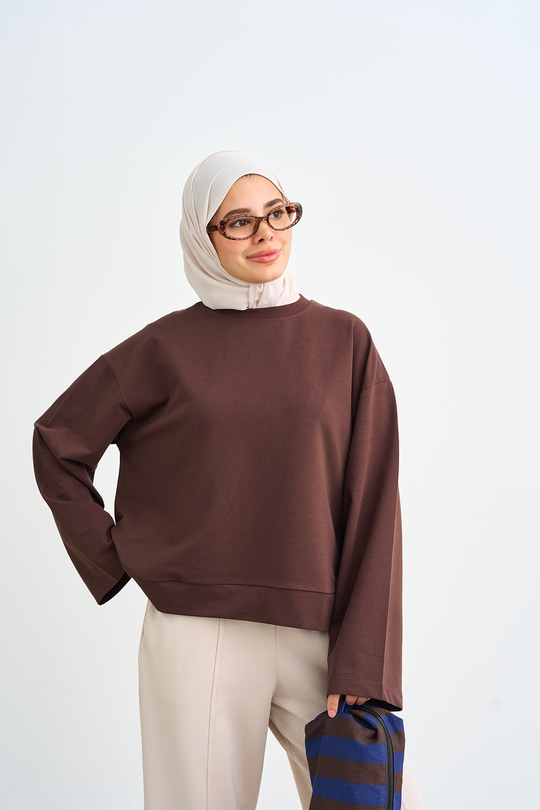 Bisiklet Yaka Sweatshirt Kahverengi