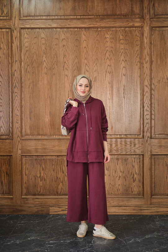 Fermuar Detay Kapüşonlu Takım Bordo
