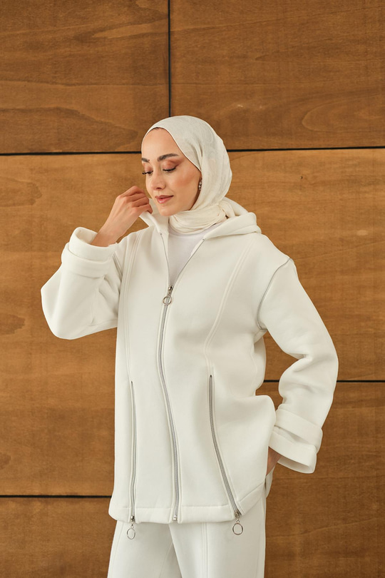 Fermuar Detaylı İkili Takım Beyaz