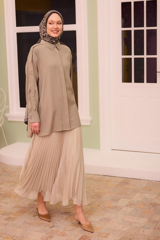 Fermuar Detaylı Şifon Etek Krem