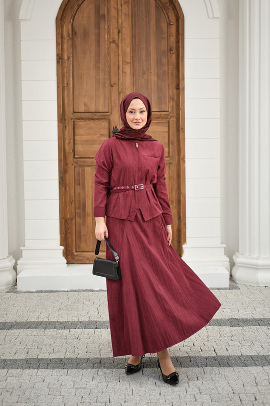 Fermuarlı Cep Detay Kemer Bağlamalı Etekli Takım Bordo