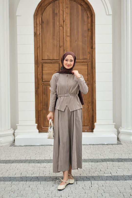 Fermuarlı Cep Detay Kemer Bağlamalı Etekli Takım Taş