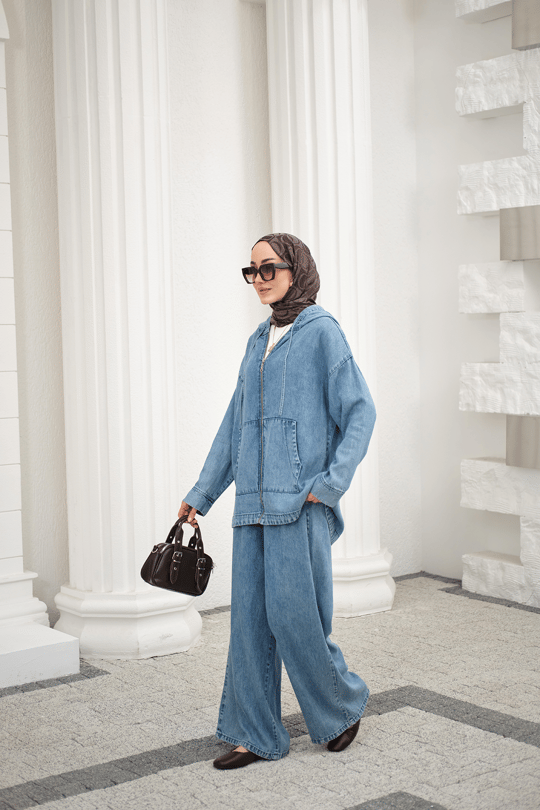 Fermuarlı Çift Cepli Kapüşonlu Pantolonlu Takım Buz Mavi