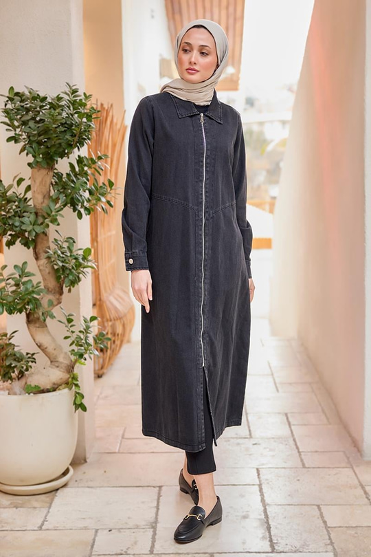 Fermuarlı Midi Boy Kot Ceket  Siyah