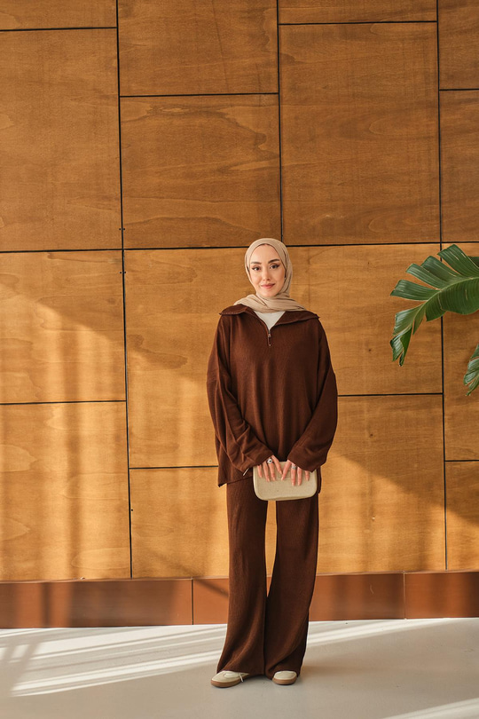 Fermuarlı Triko Takım Kahverengi