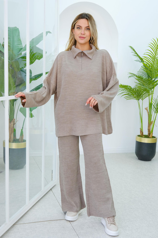 Fermuarlı Triko Takım Vizon