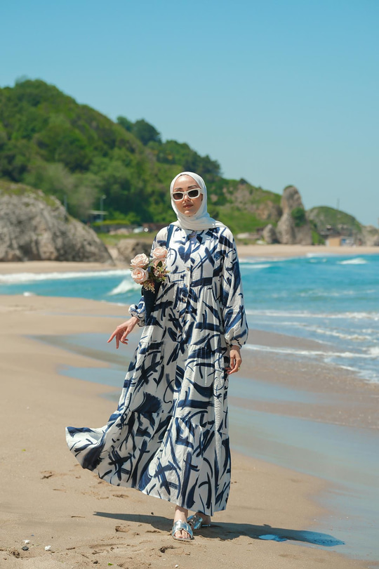 Fırça Desen Elbise Mavi