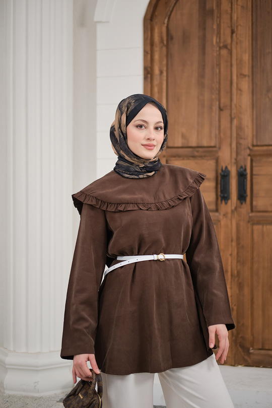 Fırfır Detay Dikiş Pensli Tunik Kahverengi