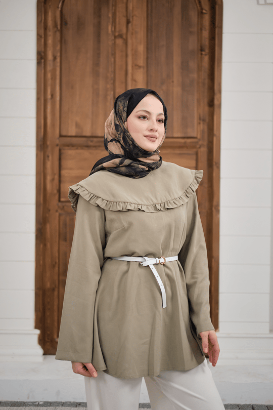 Fırfır Detay Dikiş Pensli Tunik Küf Yeşil