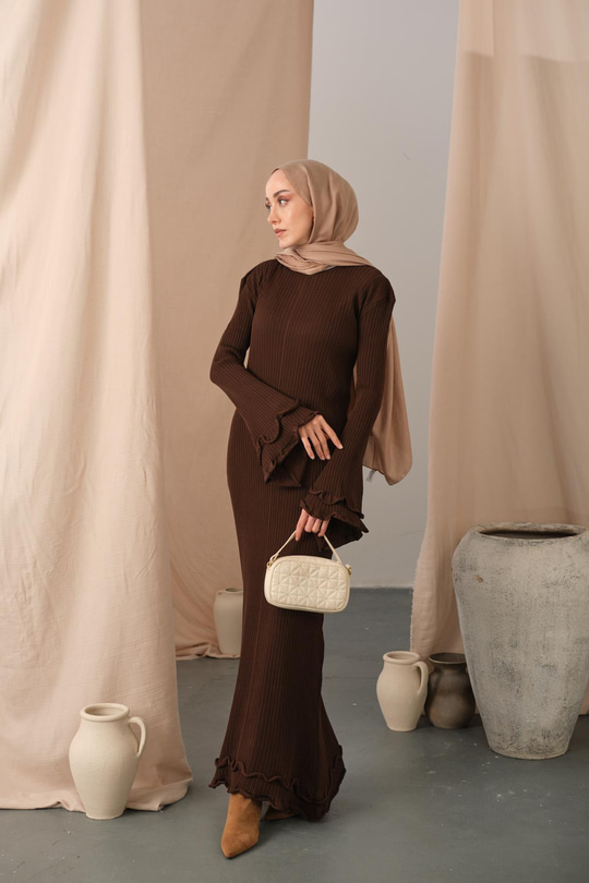 Fırfır Detay Elbise Kahverengi