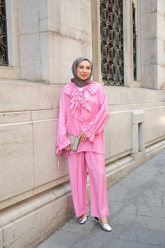 Fırfır Detay İkili Takım Pembe