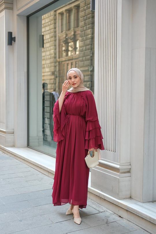 Fırfır Detay Tül Elbise Bordo