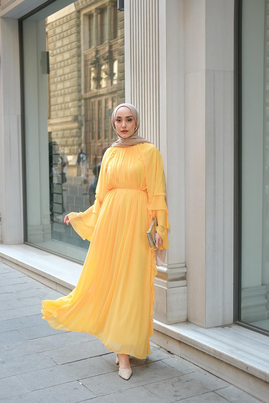 Fırfır Detay Tül Elbise Sarı