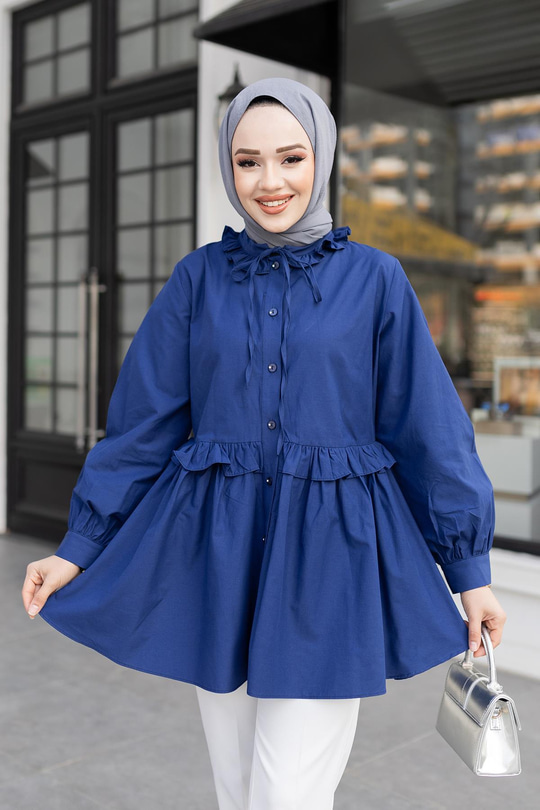 Fırfırlı Düğmesi Taş Detaylı Tunik Gömlek Lacivert