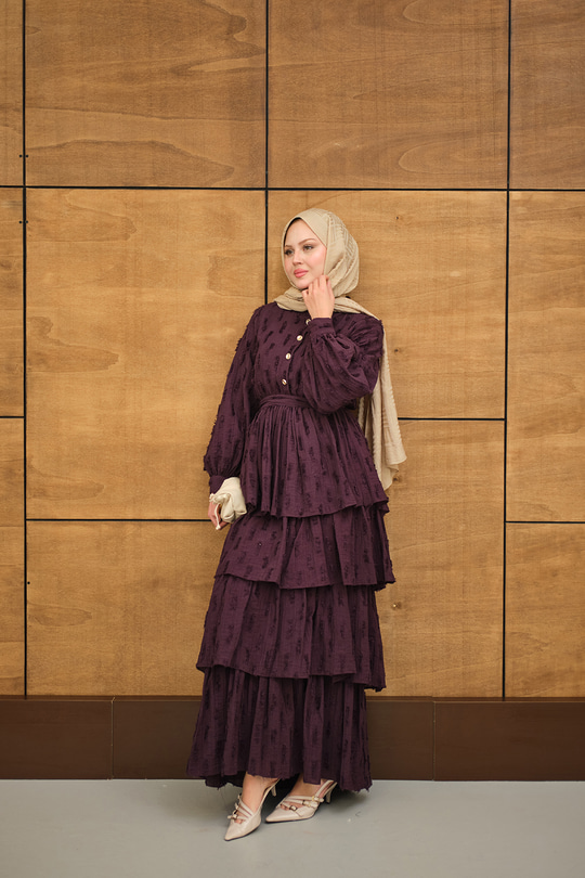 Fisto Volanlı Kemer Detay Elbise Mor