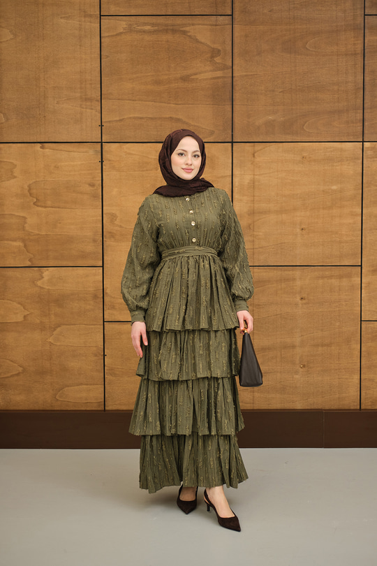 Fisto Volanlı Kemer Detay Elbise Yeşil