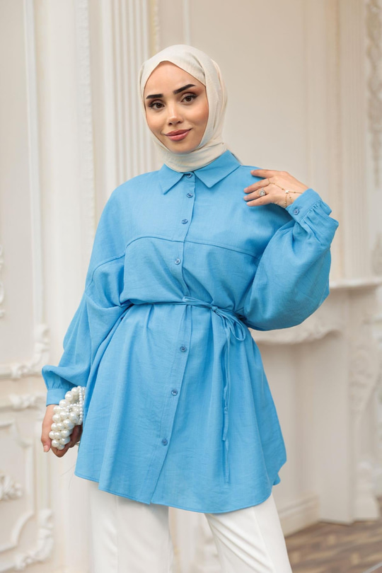 Fitilli Oversize Gömlek Mavi