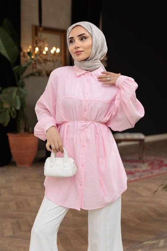 Fitilli Oversize Gömlek Pembe