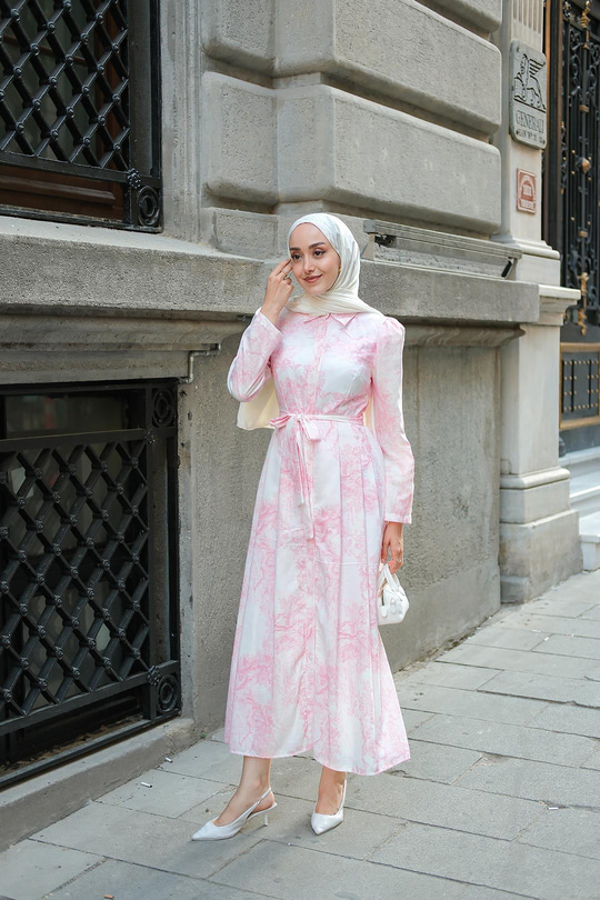 Fiyonk Detaylı Keten Elbise Pembe