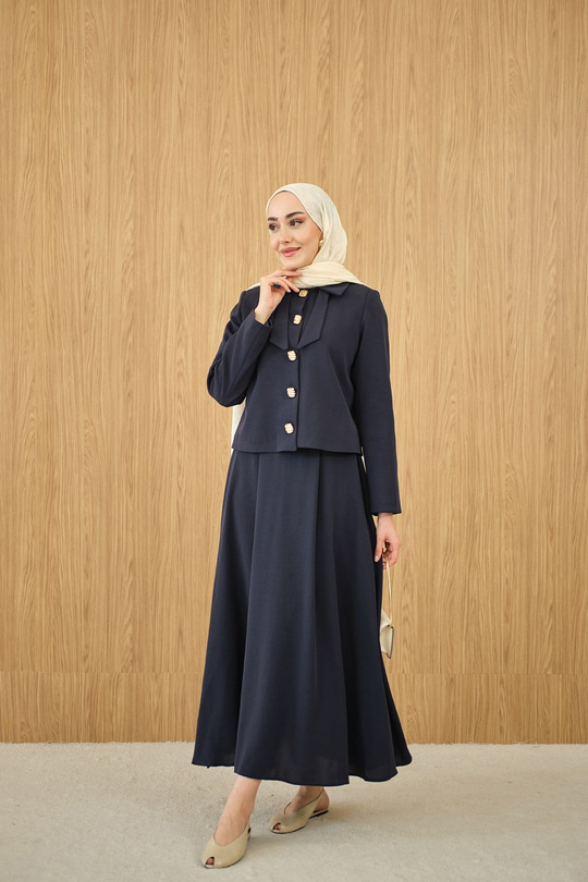 Fiyonk Görünümlü Çift Yaka Takım Lacivert