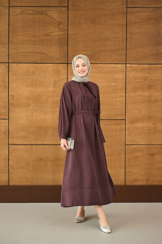 Fular Yaka Detaylı Nervürlü Modal Elbise Bordo